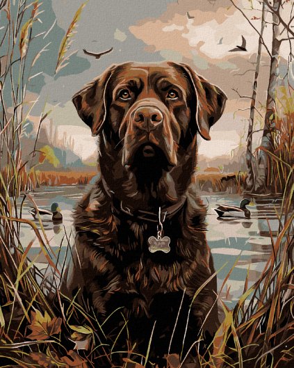 Haft diamentowy - BRĄZOWY LABRADOR W TRZCINACH NAD STAWEM