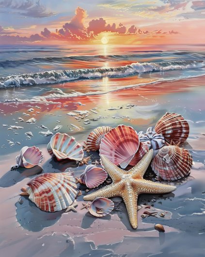 Obrazki na ścianę - MUSZLE NA PLAŻY I ZACHÓD SŁOŃCA
