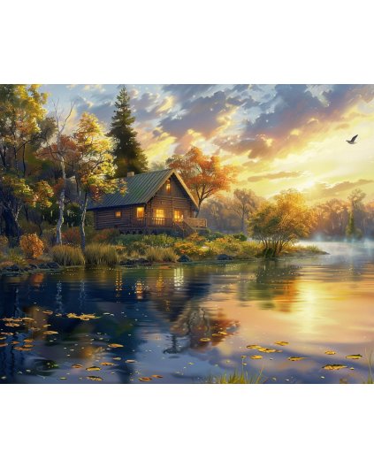 Obrazki na ścianę - JEZIORO, DOMEK I ZACHÓD SŁOŃCA