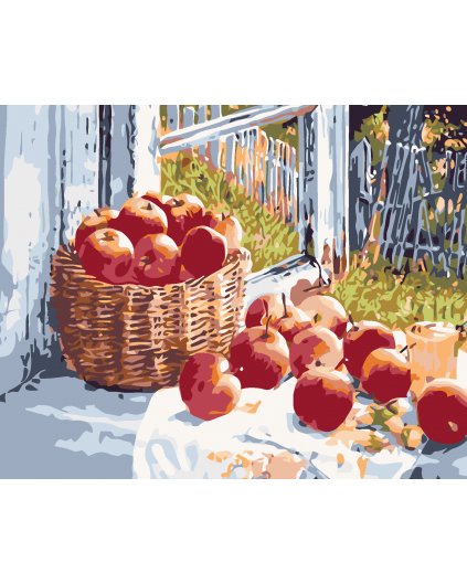 Malowanie po numerach - Kosz z jabłkami na oknie