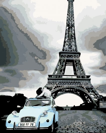 Malowanie po numerach - Wieża Eiffla z niebieskim samochodem