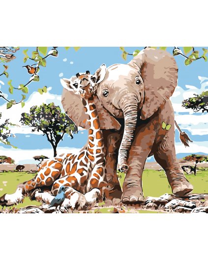 Malowanie po numerach - Żyrafa ze słoniątkiem