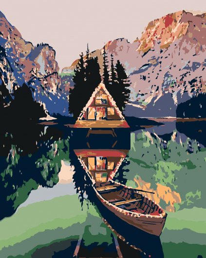 Malowanie po numerach - Chata nad jeziorem w górach, łódka