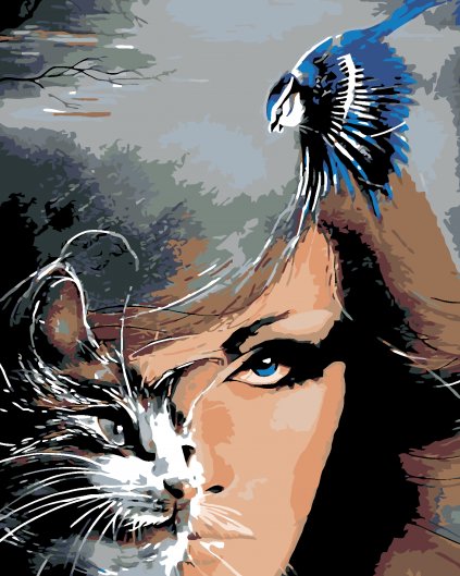 Malowanie po numerach - Kobieta z kotem i niebieski ptak