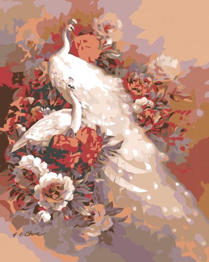 Malowanie po numerach - Białe pawie w różach