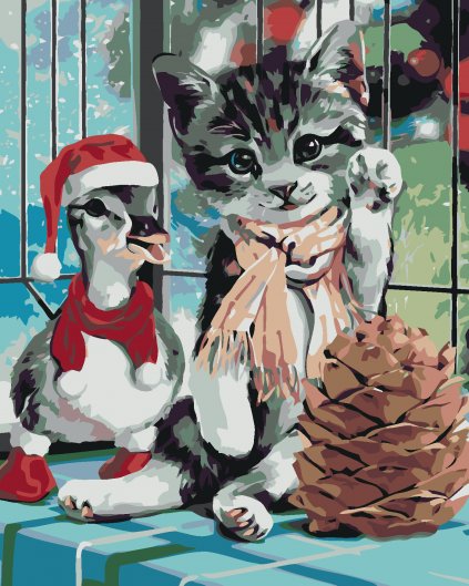 Malowanie po numerach - Kocie i Bożonarodzeniowa kaczuszka
