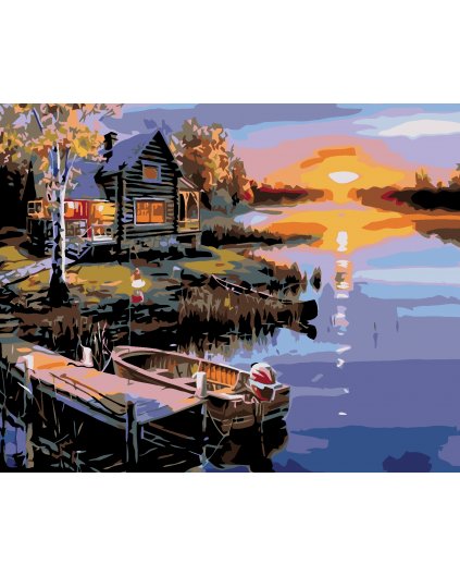 Malowanie po numerach - Zachód słońca w domku nad jeziorem