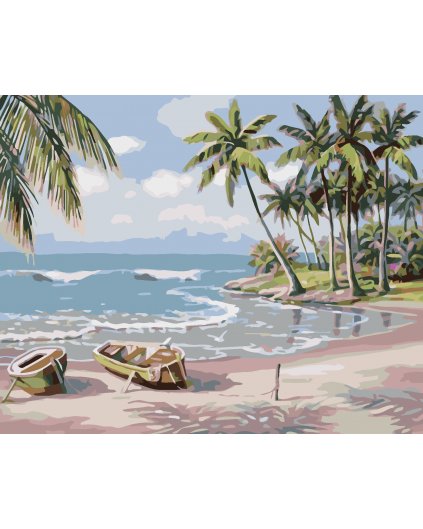 Malowanie po numerach - Łódki na plaży z palmami