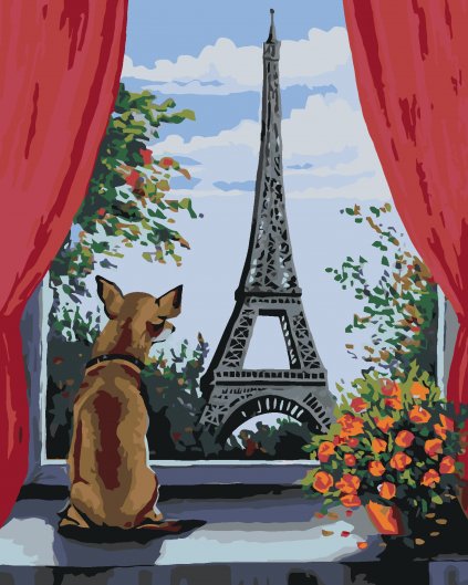 Malowanie po numerach - Para z psem z widokiem na Wieżę Eiffla