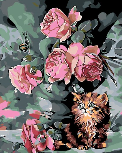 Malowanie po numerach - Mały kotek wśród kwiatów
