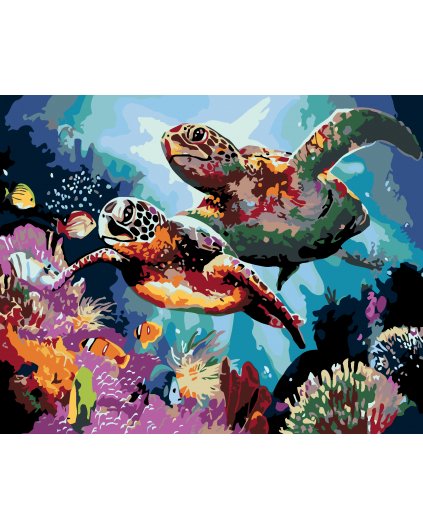 Malowanie po numerach – Para zielonych żółwi na dnie oceanu