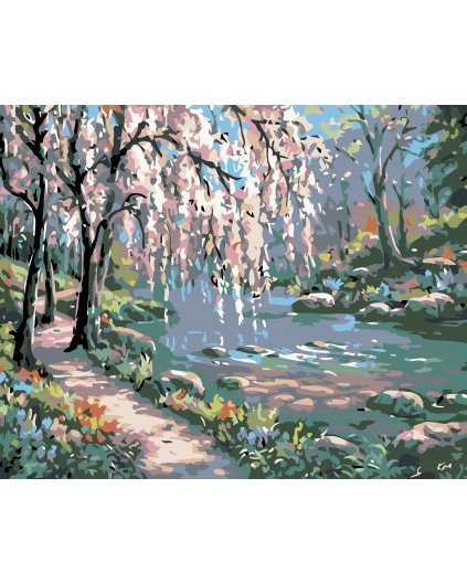Malowanie po numerach - Różowe drzewo nad rzeką