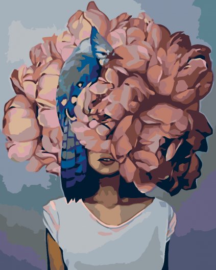 Malowanie po numerach - Kobieta z głową w kwiatach - piwonie i koliber