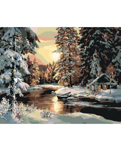 Malowanie po numerach - Wschód słońca nad zimowym lasem