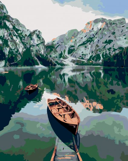 Malowanie po numerach - Łódka na jeziorze w górach