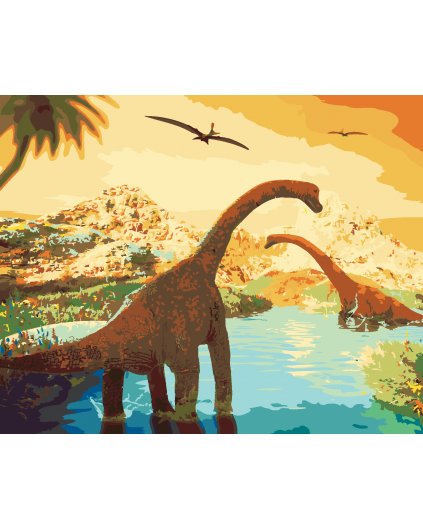 Malowanie po numerach - PIĘKNY KRAJOBRAZ Z DINOZAURAMI