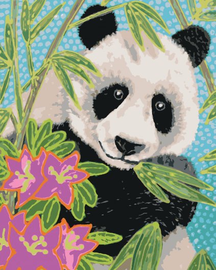 Malowanie po numerach - PANDA Z BAMBUSEM I KWIATAMI
