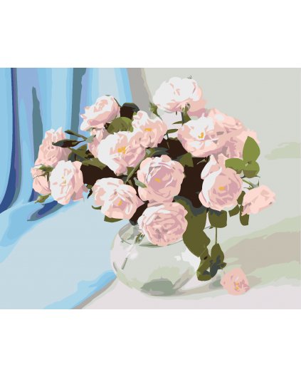 Malowanie po numerach - RÓŻOWE KWIATY W WAZONIE I NIEBIESKA ZASŁONA