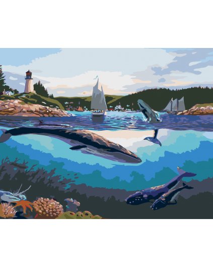 Malowanie po numerach - WIELORYBY I MIASTO NA WYBRZEŻU (ROBERT JOHNSON)