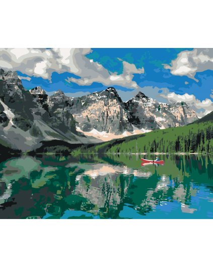 Malowanie po numerach - GÓRY I ŁÓDKA NA JEZIORZE (DENNIS FRATES)