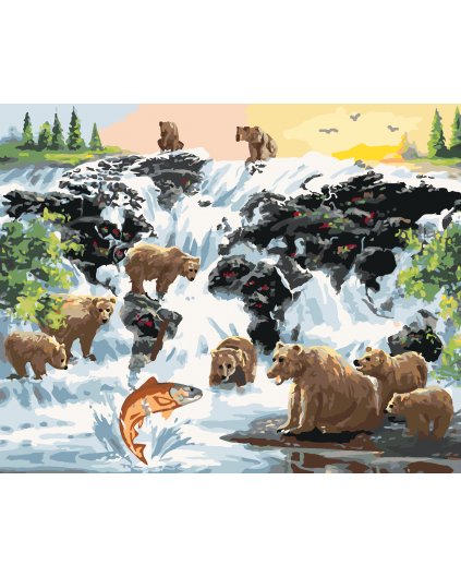 Malowanie po numerach - NIEDŹWIEDZIE NAD WODOSPADEM PODCZAS POLOWANIA NA RYBY (D. RUSTY RUST)