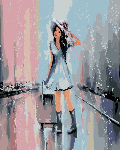 Malowanie po numerach - KOBIETA Z WALIZKĄ W DESZCZU