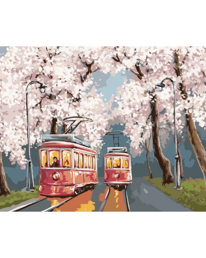 Malowanie po numerach - TRAMWAJE POD KWITNĄCYMI CZEREŚNIAMI