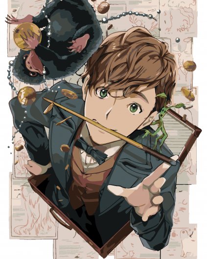 Malowanie po numerach - NEWT SCAMANDER, NIEŚMIAŁEK I NIUCHACZ - KRESKÓWKA (FANTASTYCZNE ZWIERZĘTA)