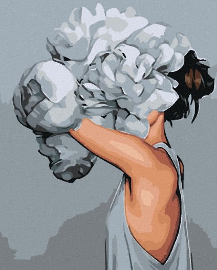 Haft diamentowy - Kobieta z głową w kwiatach - białe piwonie II
