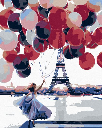 Haft diamentowy - Kobieta z balonami przed Wieża Eiffla