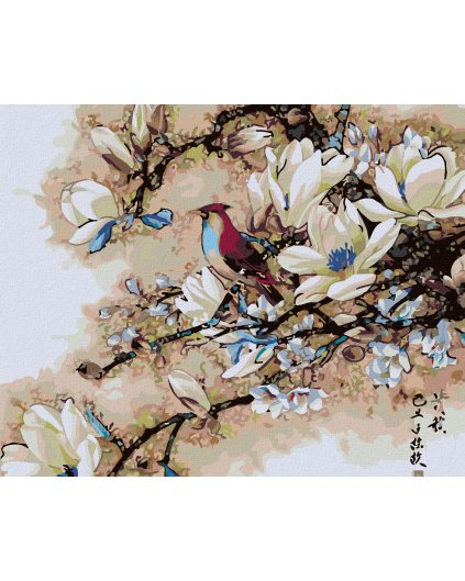 Haft diamentowy - Ptak na magnolii