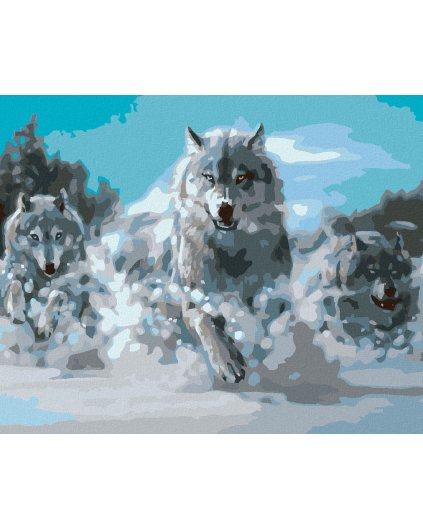 Haft diamentowy - Wilki w biegu na śniegu