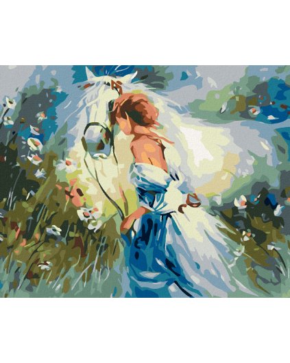 Haft diamentowy - Powabna dziewczyna z białym koniem