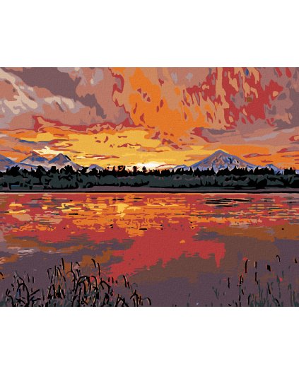 Haft diamentowy - Zachód słońca nad jeziorem w górach