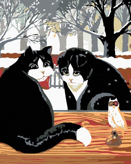 Haft diamentowy - Czarne koty w zimowym ogrodzie