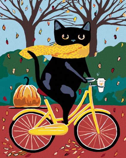 Haft diamentowy - Czarny kot i żółty rower