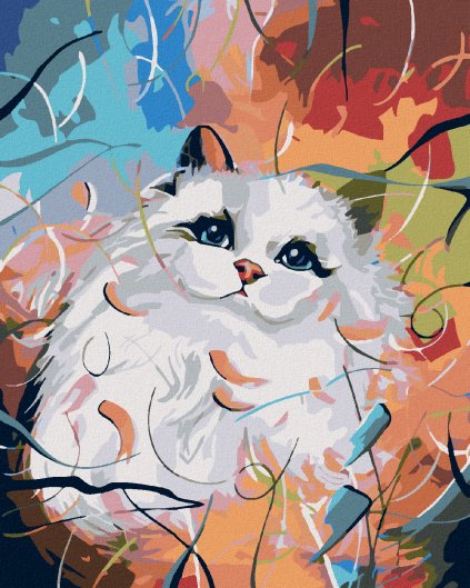 Haft diamentowy - Biała kotka i kolorowe tło