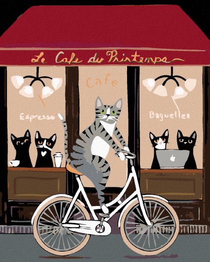 Haft diamentowy - Kot na rowerze przed kawiarnią