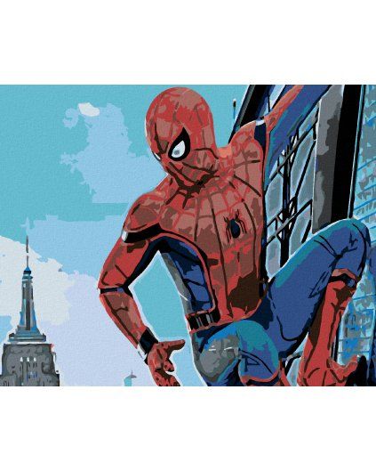 Haft diamentowy - Spiderman na drapaczu chmur (Wariant płótno bez ramy, Rozmiar 40x50 cm)