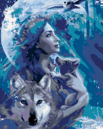 Haft diamentowy - Kobieta i wilki