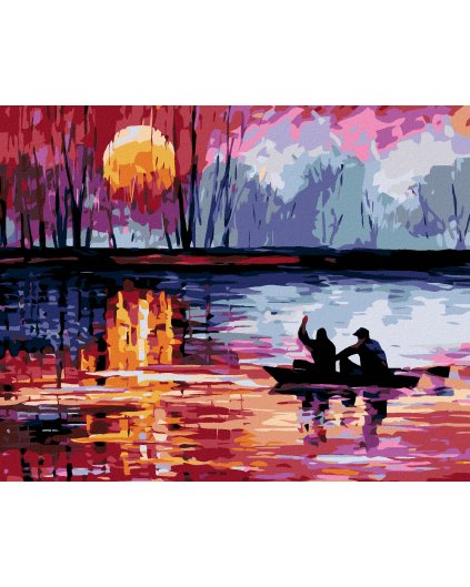 Haft diamentowy - Zachód słońca nad jeziorem, łódka
