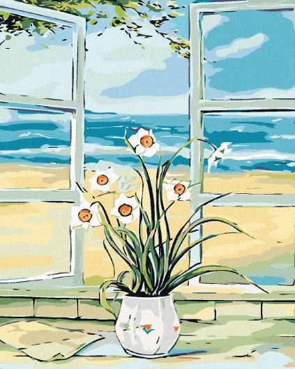 Haft diamentowy - Narcyze w oknie z widokiem na plażę