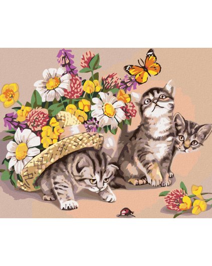 Haft diamentowy - Kociaki z kapeluszem i kwiatami