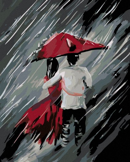 Haft diamentowy - Zakochani pod parasolem w deszczu