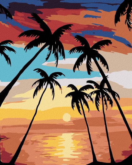 Haft diamentowy - Zachód słońca, palmy i łódka