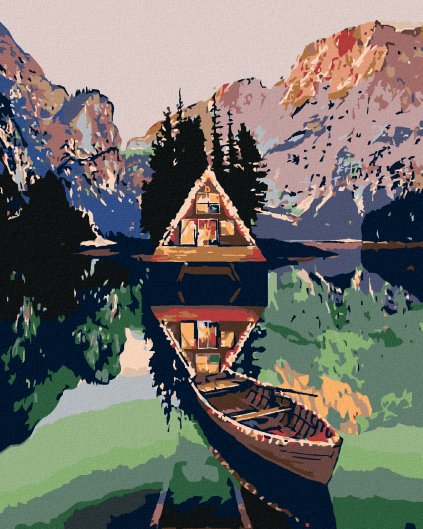 Haft diamentowy - Chata nad jeziorem w górach, łódka