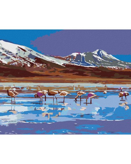 Haft diamentowy - Górskie jezioro i flamingi