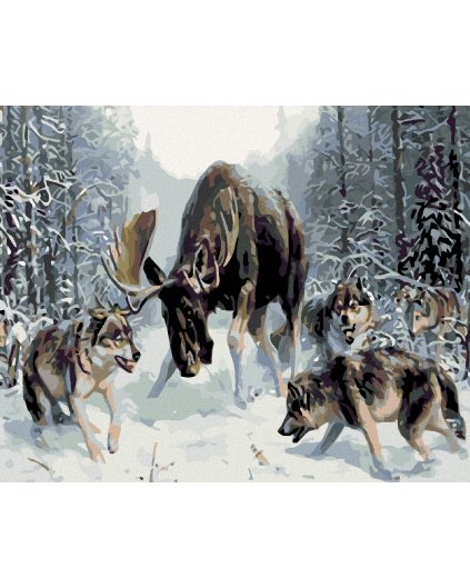 Haft diamentowy - Łoś z wilkami na śniegu