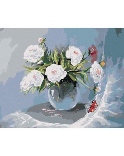 Haft diamentowy - BIAŁE KWIATY W WAZONIE I MOTYL