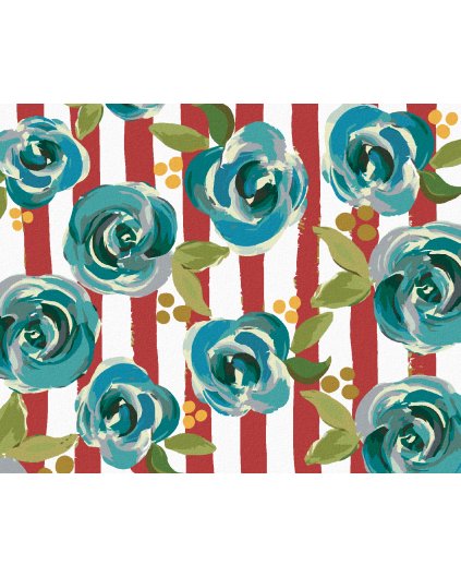 Haft diamentowy - MARTWA NATURA - NIEBIESKIE KWIATY NA BIAŁO-CZERWONYM TLE (KRZESZ HALEY)